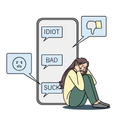 image of young person next to mobile phone displaying negative text messages